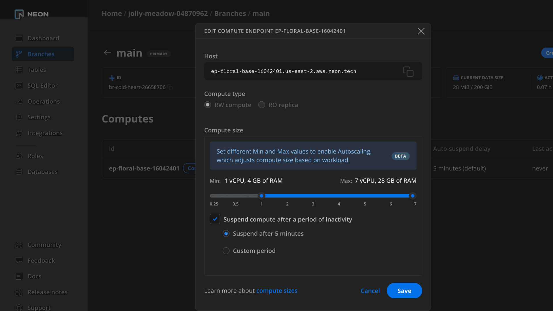 Edit compute dialog showing an autoscaling configuration