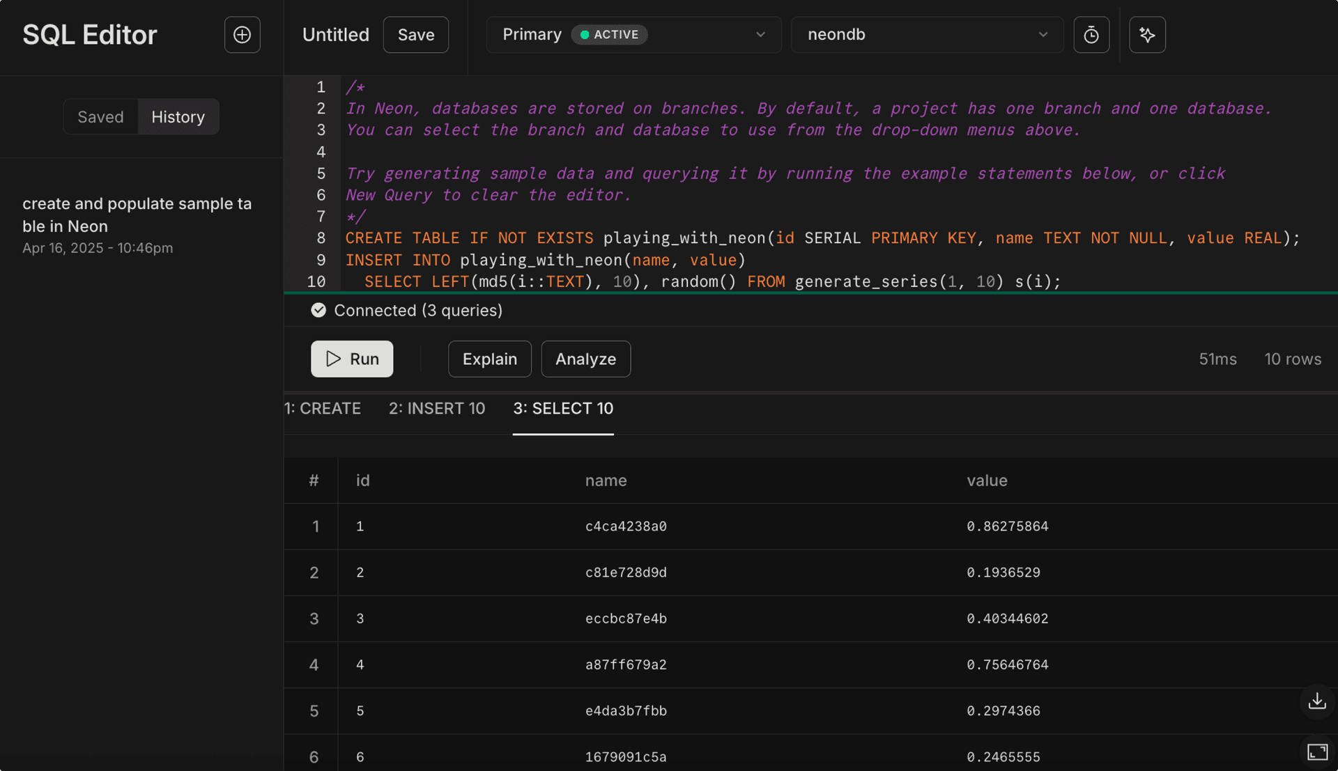 Neon SQL Editor
