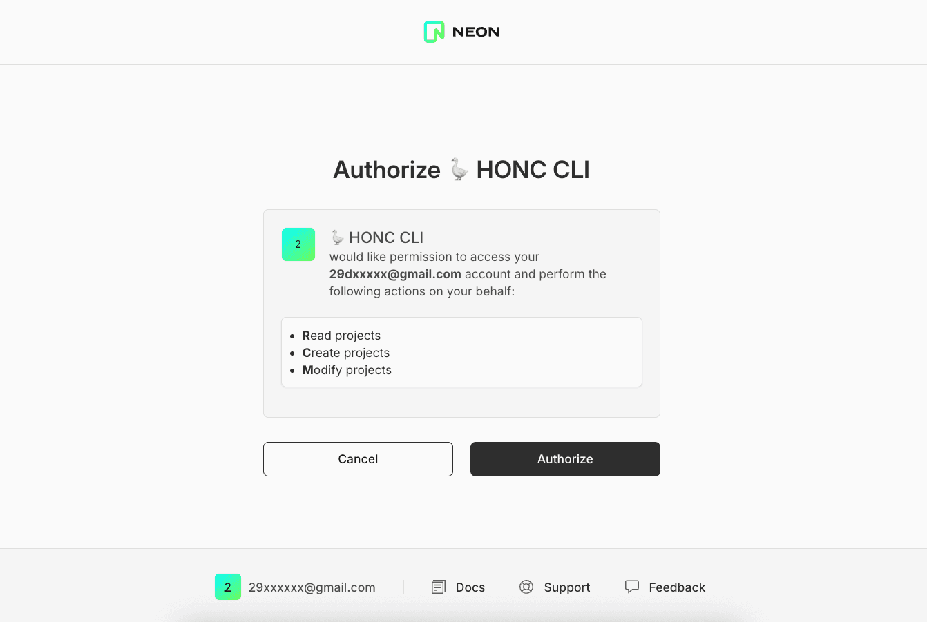 Neon authentication prompt