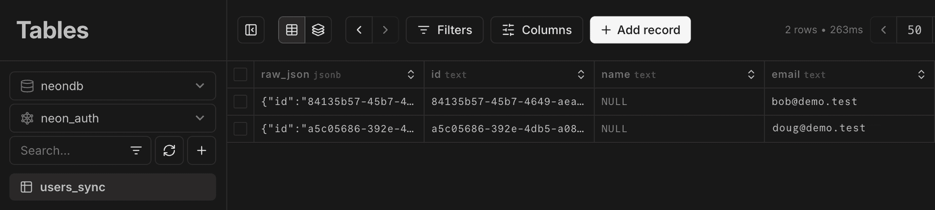 Users sync table showing automatically synced profiles