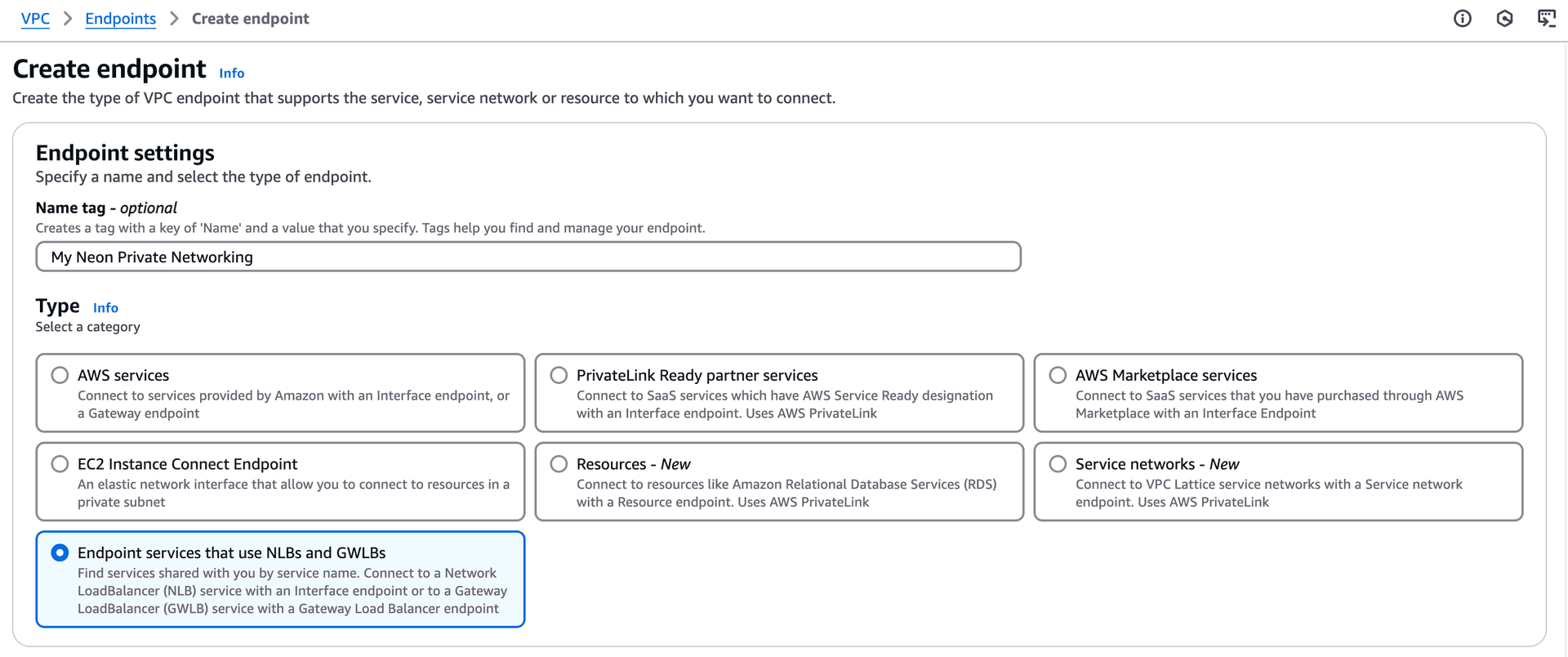 VPC Create endpoint