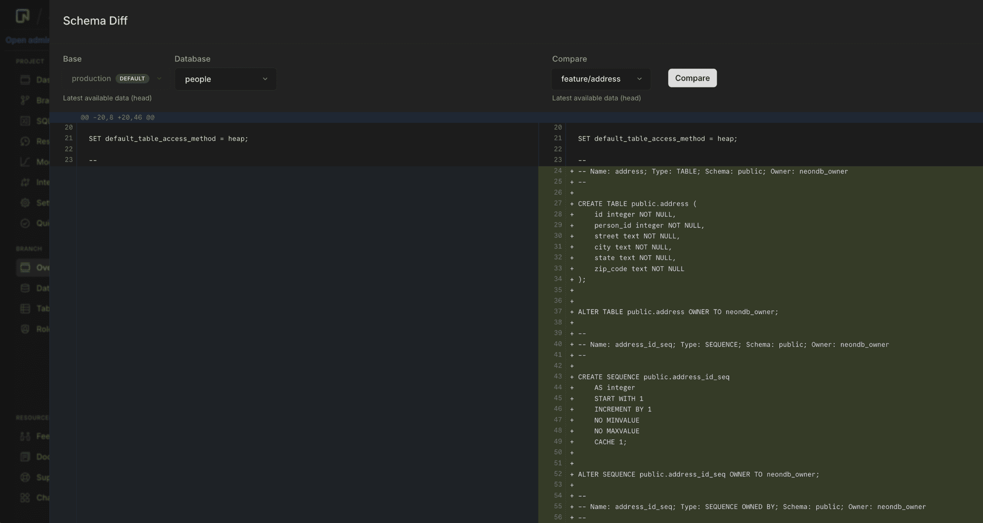 schema diff results