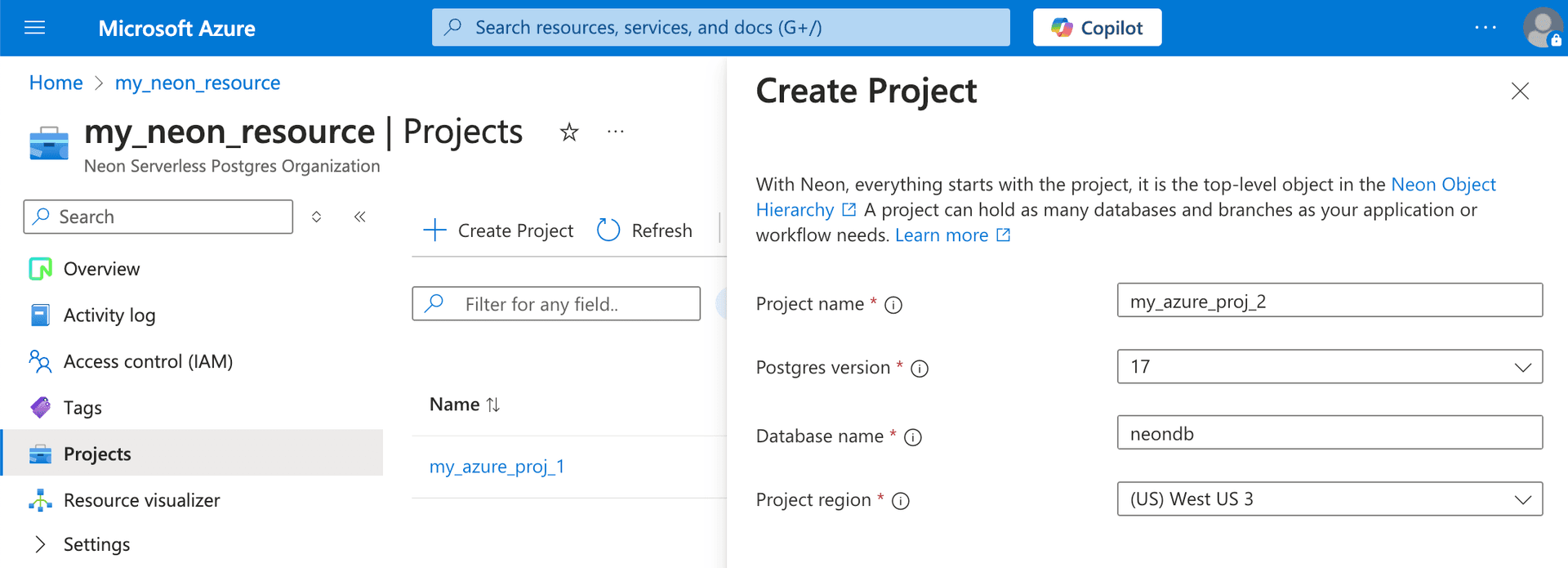 Project page in Neon