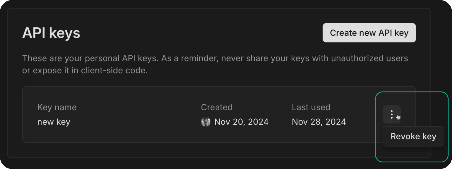 Revoking an API key in the Neon Console
